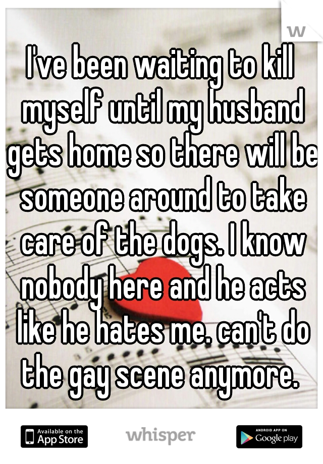 I've been waiting to kill myself until my husband gets home so there will be someone around to take care of the dogs. I know nobody here and he acts like he hates me. can't do the gay scene anymore. 