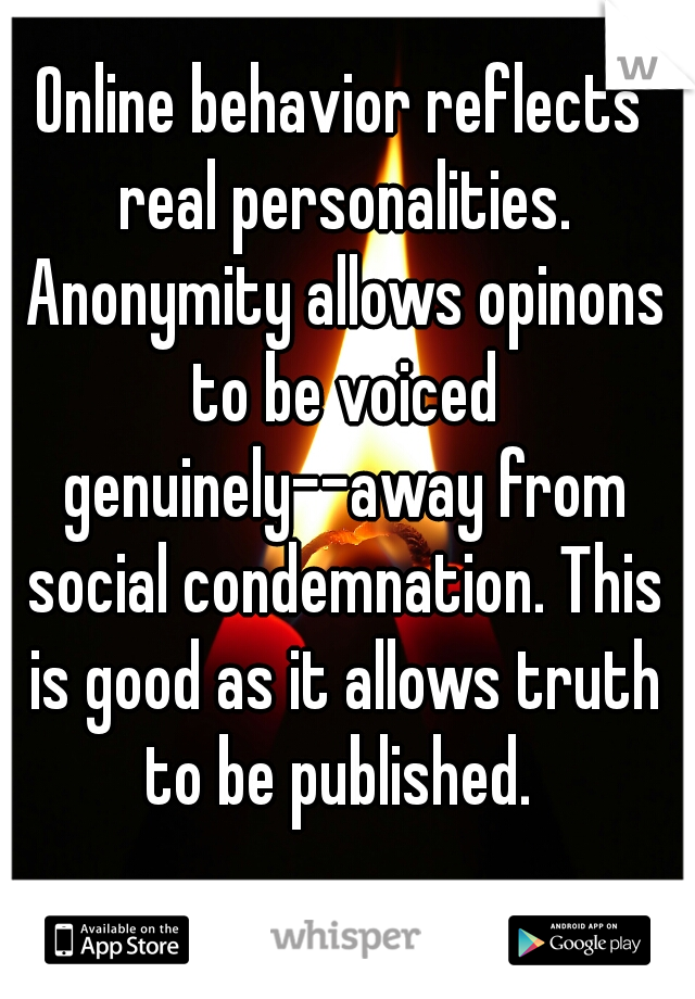 Online behavior reflects real personalities. Anonymity allows opinons to be voiced genuinely--away from social condemnation. This is good as it allows truth to be published. 