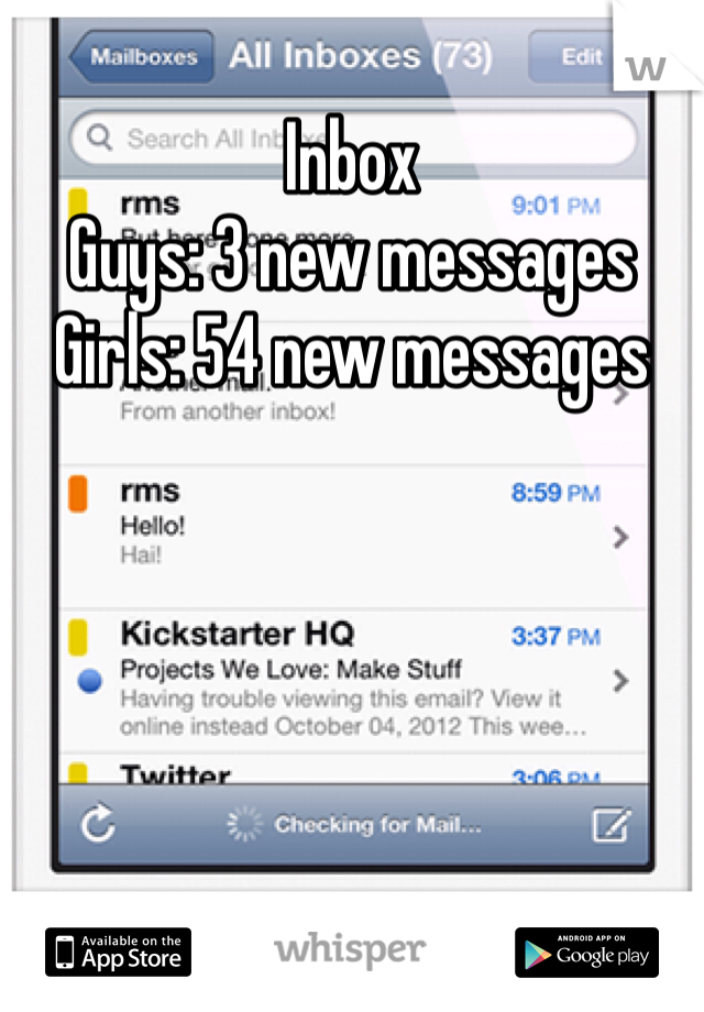Inbox
Guys: 3 new messages
Girls: 54 new messages 