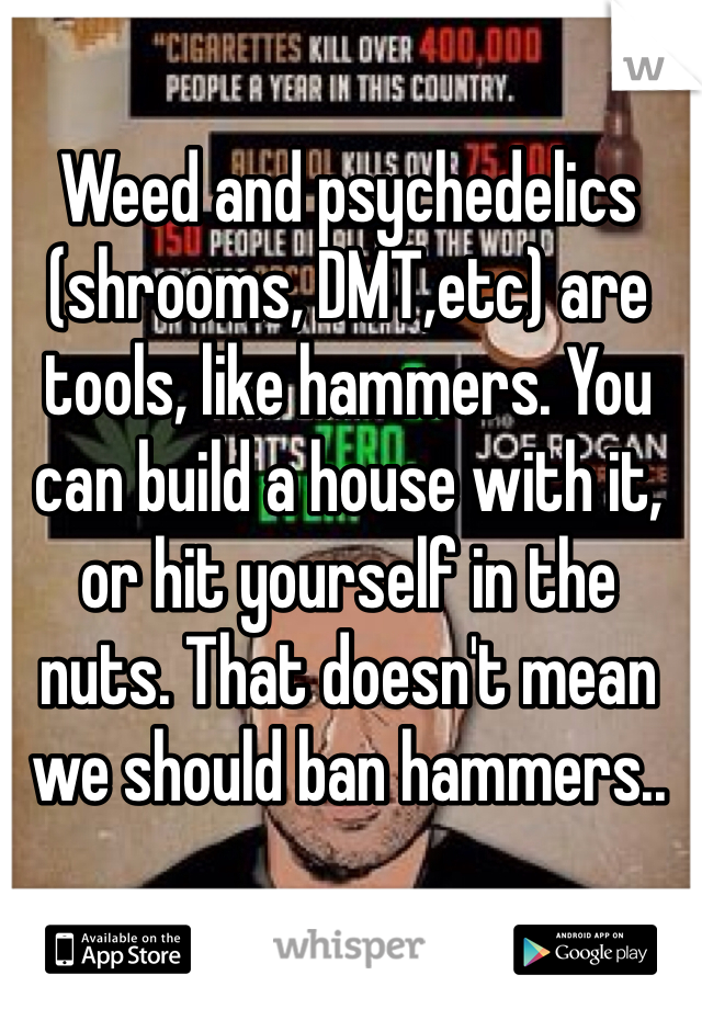 Weed and psychedelics (shrooms, DMT,etc) are tools, like hammers. You can build a house with it, or hit yourself in the nuts. That doesn't mean we should ban hammers..