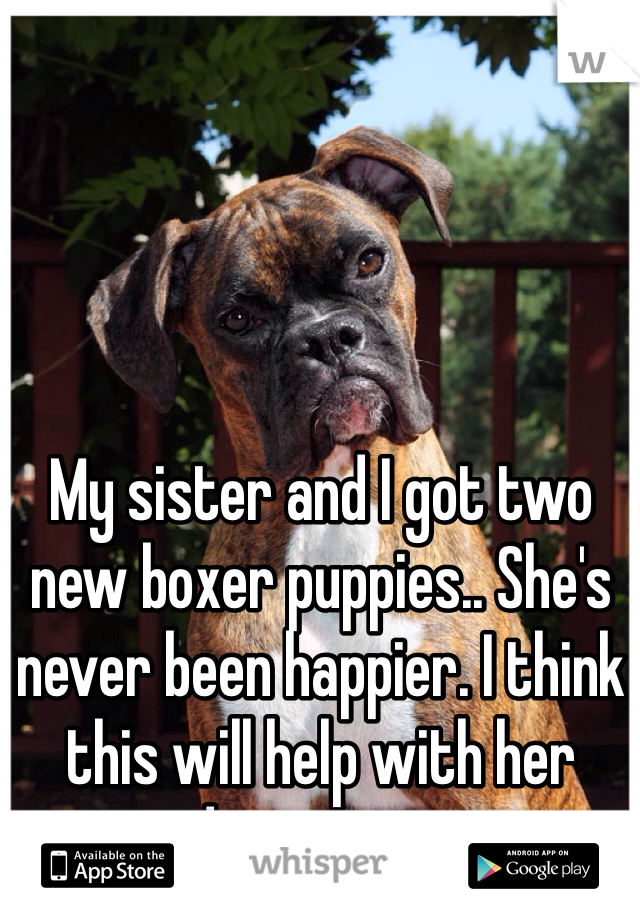 My sister and I got two new boxer puppies.. She's never been happier. I think this will help with her depression.