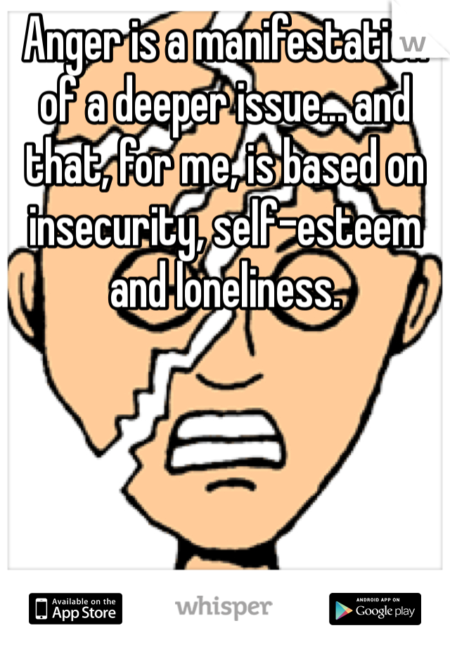 Anger is a manifestation of a deeper issue... and that, for me, is based on insecurity, self-esteem and loneliness.
