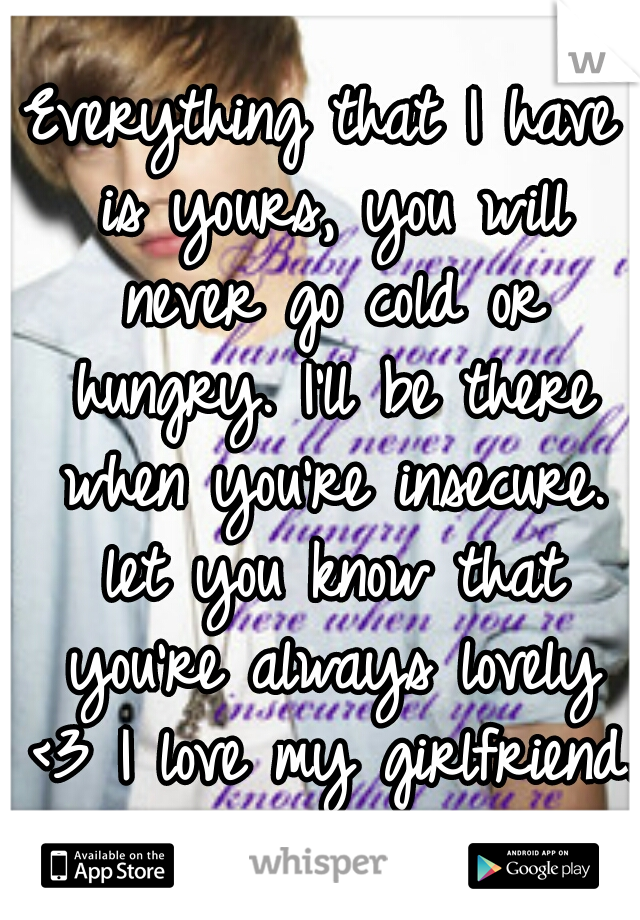 Everything that I have is yours, you will never go cold or hungry. I'll be there when you're insecure. let you know that you're always lovely <3 I love my girlfriend. 