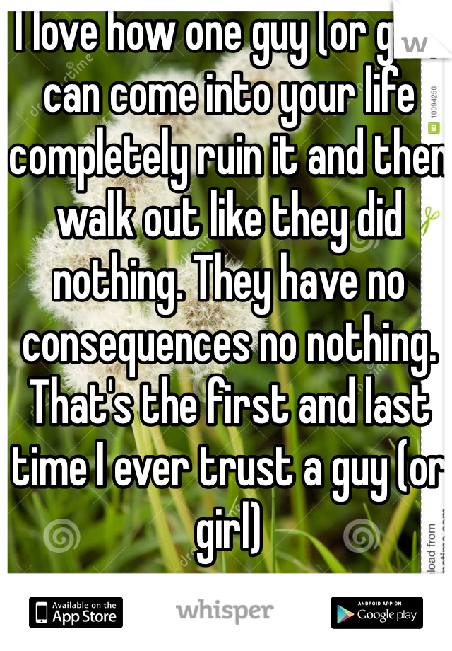 I love how one guy (or girl) can come into your life completely ruin it and then walk out like they did nothing. They have no consequences no nothing. That's the first and last time I ever trust a guy (or girl) 