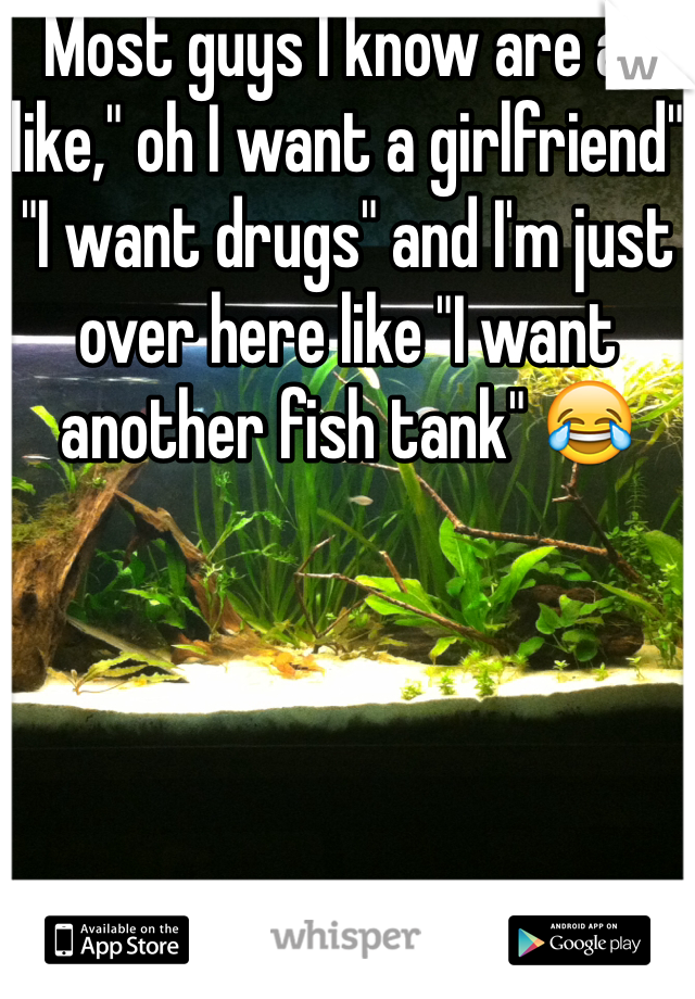 Most guys I know are all like," oh I want a girlfriend" "I want drugs" and I'm just over here like "I want another fish tank" 😂