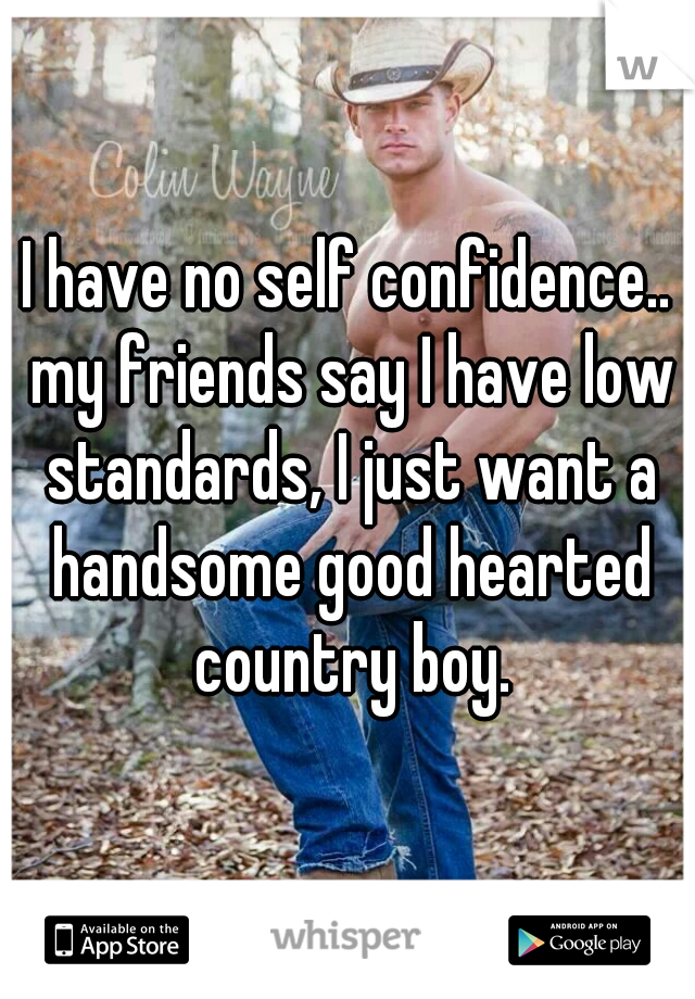 I have no self confidence.. my friends say I have low standards, I just want a handsome good hearted country boy.