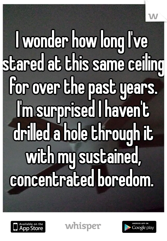 I wonder how long I've stared at this same ceiling for over the past years. I'm surprised I haven't drilled a hole through it with my sustained, concentrated boredom. 