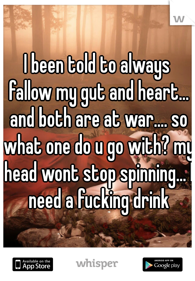 I been told to always fallow my gut and heart... and both are at war.... so what one do u go with? my head wont stop spinning... I need a fucking drink