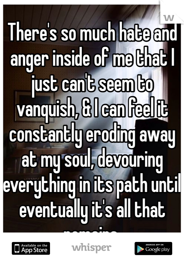 There's so much hate and anger inside of me that I just can't seem to vanquish, & I can feel it constantly eroding away at my soul, devouring everything in its path until eventually it's all that remains. 