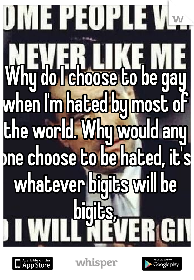 Why do I choose to be gay when I'm hated by most of the world. Why would any one choose to be hated, it's whatever bigits will be bigits,