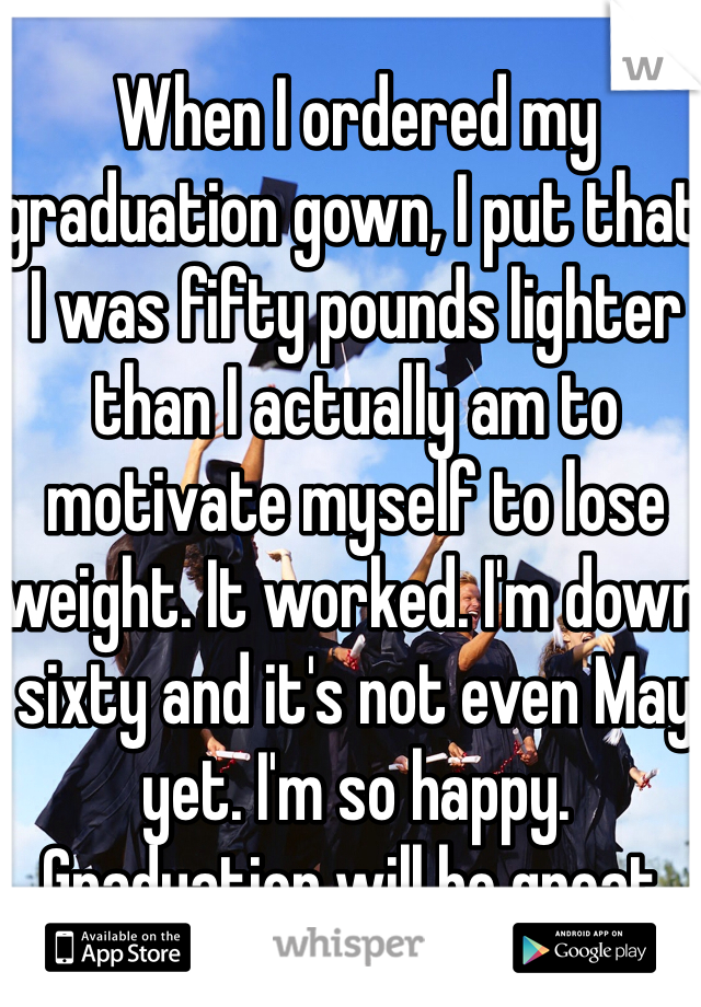 When I ordered my graduation gown, I put that I was fifty pounds lighter than I actually am to motivate myself to lose weight. It worked. I'm down sixty and it's not even May yet. I'm so happy. Graduation will be great. 