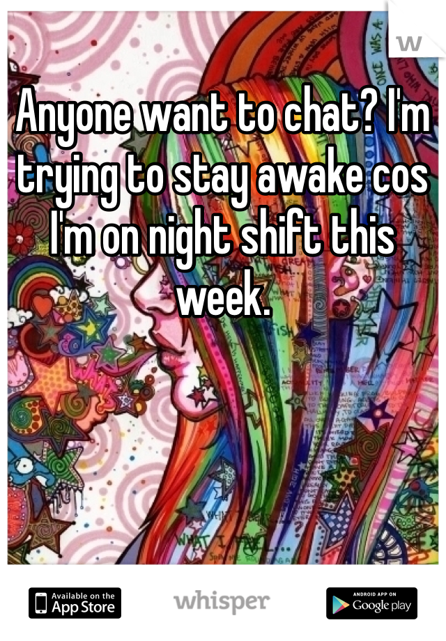 Anyone want to chat? I'm trying to stay awake cos I'm on night shift this week. 