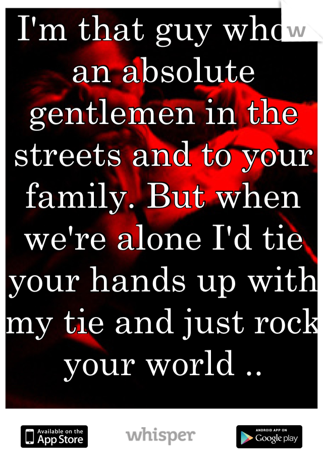 I'm that guy who's an absolute gentlemen in the streets and to your family. But when we're alone I'd tie your hands up with my tie and just rock your world ..