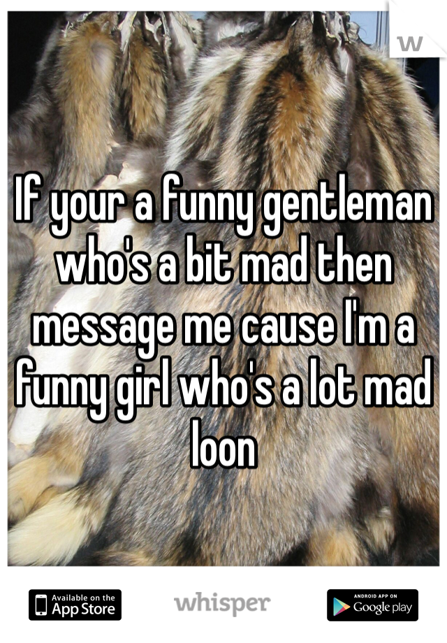 If your a funny gentleman who's a bit mad then message me cause I'm a funny girl who's a lot mad loon