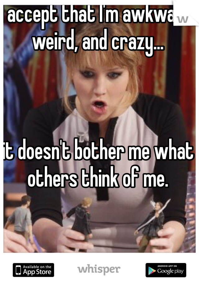 I accept that I'm awkward, weird, and crazy...



it doesn't bother me what others think of me. 