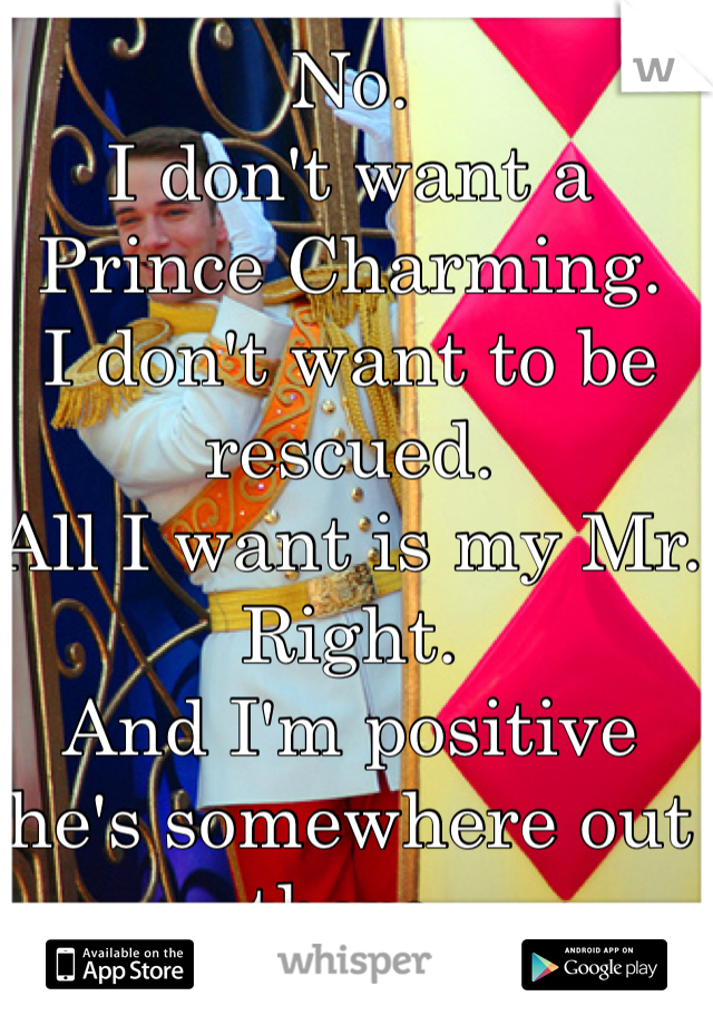 No.
I don't want a Prince Charming.
I don't want to be rescued.
All I want is my Mr. Right.
And I'm positive he's somewhere out there.