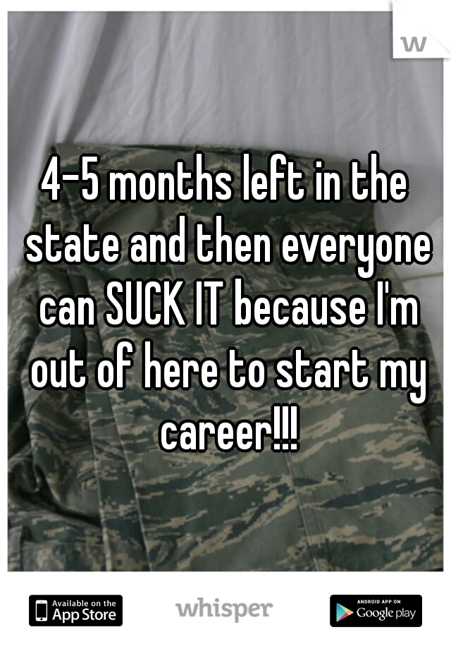 4-5 months left in the state and then everyone can SUCK IT because I'm out of here to start my career!!!