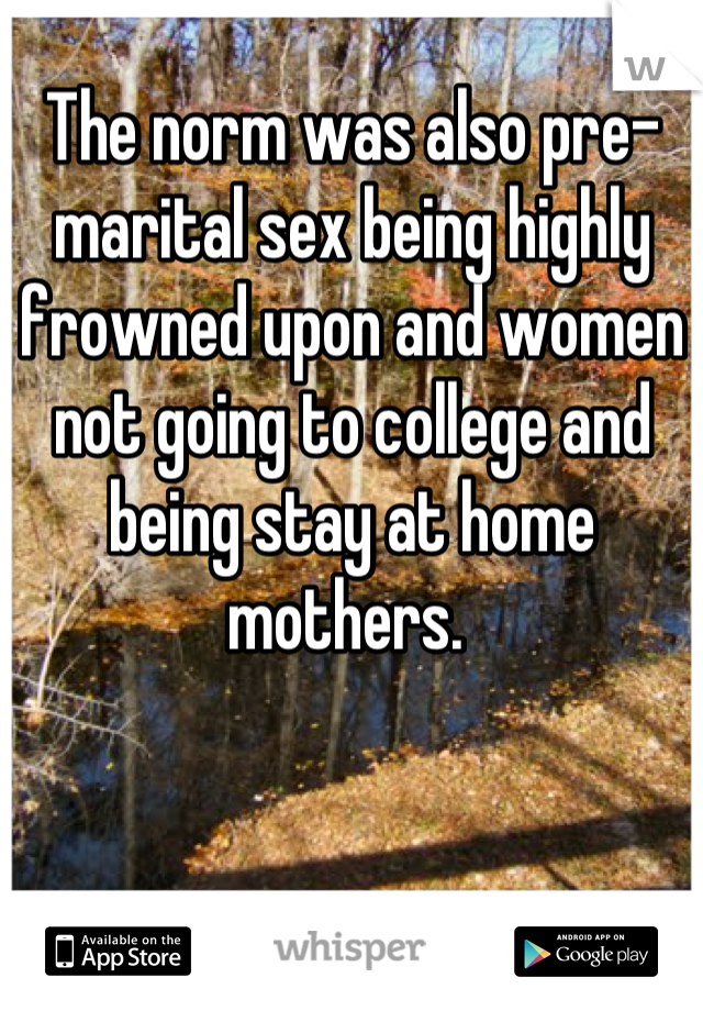 The norm was also pre- marital sex being highly frowned upon and women not going to college and being stay at home mothers. 