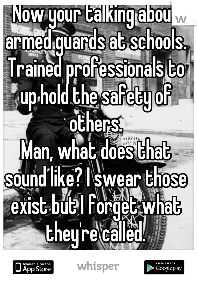 Now your talking about armed guards at schools. Trained professionals to up hold the safety of others. 
Man, what does that sound like? I swear those exist but I forget what they're called.