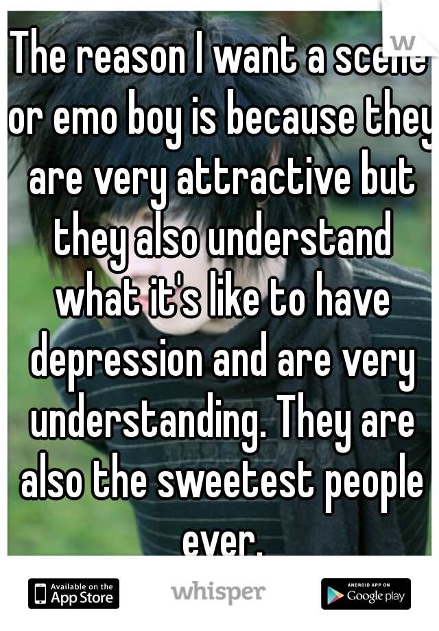 The reason I want a scene or emo boy is because they are very attractive but they also understand what it's like to have depression and are very understanding. They are also the sweetest people ever.