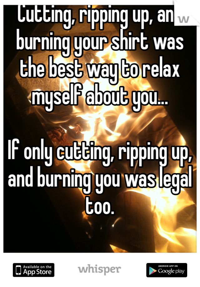 Cutting, ripping up, and burning your shirt was the best way to relax myself about you...

If only cutting, ripping up, and burning you was legal too.