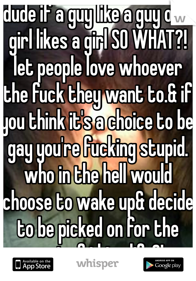 dude if a guy like a guy or a girl likes a girl SO WHAT?! let people love whoever the fuck they want to.& if you think it's a choice to be gay you're fucking stupid. who in the hell would choose to wake up& decide to be picked on for the rest of thier life?!