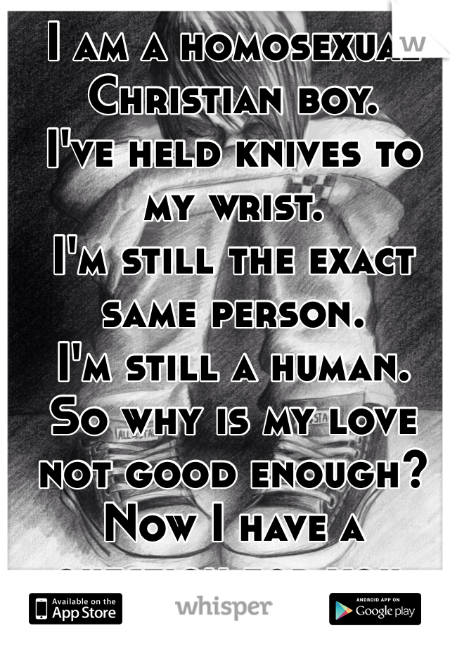 I am a homosexual Christian boy.
I've held knives to my wrist.
I'm still the exact same person.
I'm still a human.
So why is my love not good enough?
Now I have a question for you.