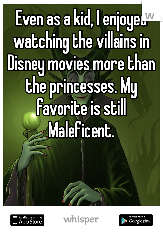 Even as a kid, I enjoyed watching the villains in Disney movies more than the princesses. My favorite is still Maleficent.