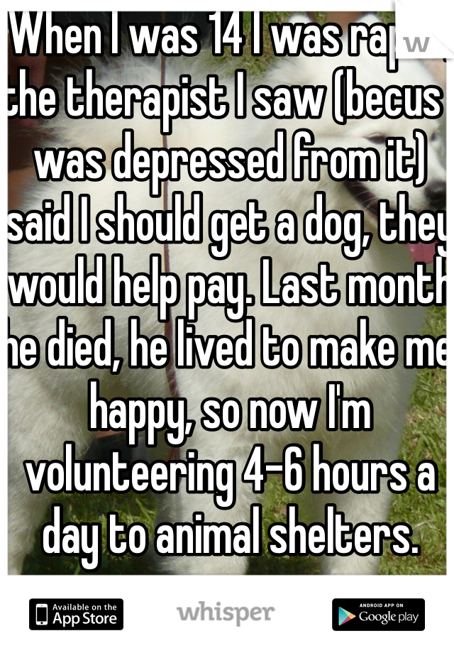 When I was 14 I was raped, the therapist I saw (becus I was depressed from it) said I should get a dog, they would help pay. Last month he died, he lived to make me happy, so now I'm volunteering 4-6 hours a day to animal shelters. 