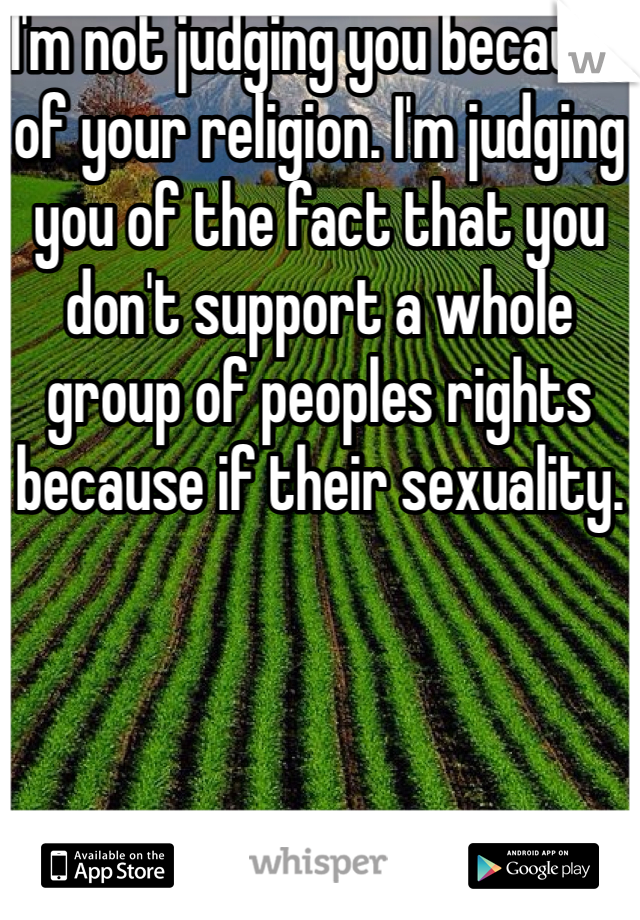 I'm not judging you because of your religion. I'm judging you of the fact that you don't support a whole group of peoples rights because if their sexuality. 