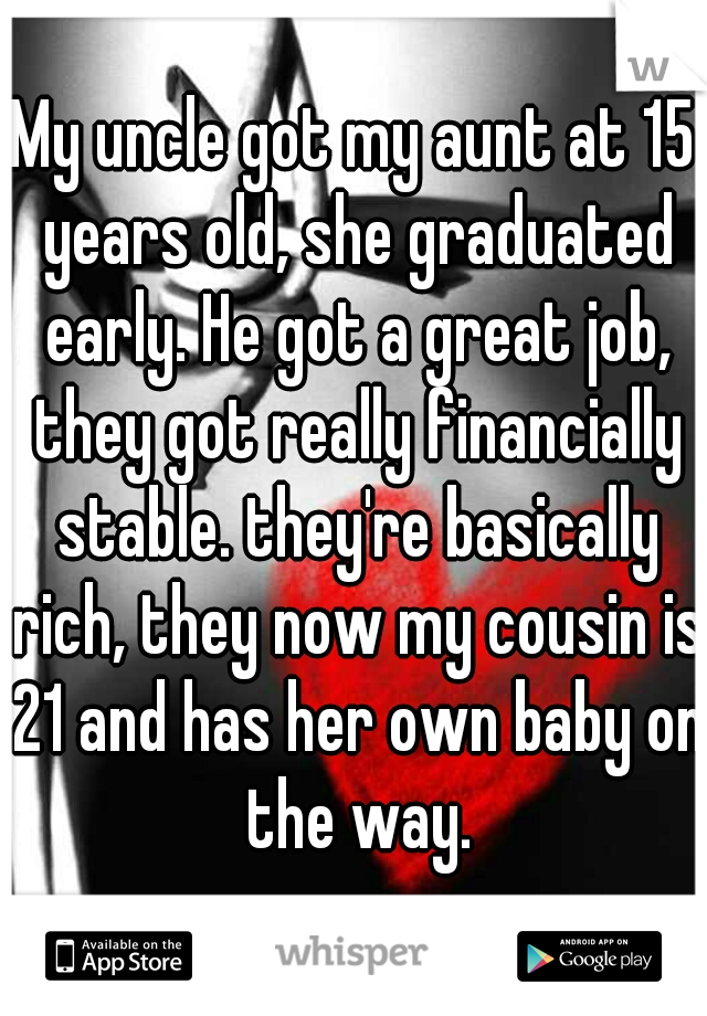 My uncle got my aunt at 15 years old, she graduated early. He got a great job, they got really financially stable. they're basically rich, they now my cousin is 21 and has her own baby on the way.