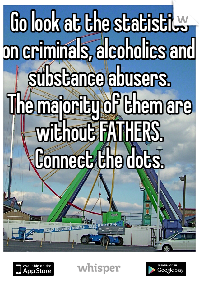 Go look at the statistics on criminals, alcoholics and substance abusers. 
The majority of them are without FATHERS. 
Connect the dots. 