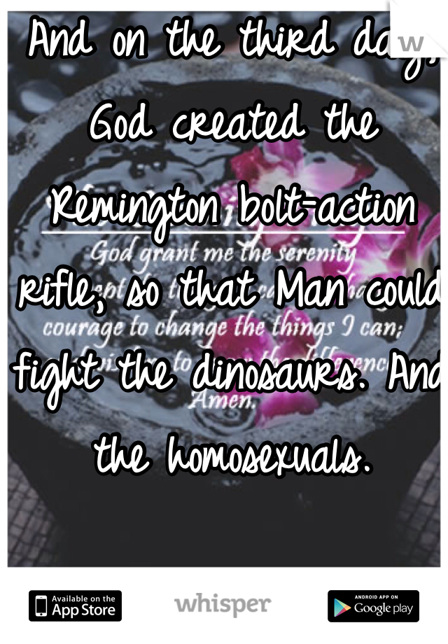 And on the third day, God created the Remington bolt-action rifle, so that Man could fight the dinosaurs. And the homosexuals.