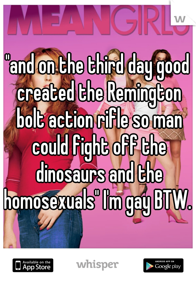 "and on the third day good created the Remington bolt action rifle so man could fight off the dinosaurs and the homosexuals" I'm gay BTW. 