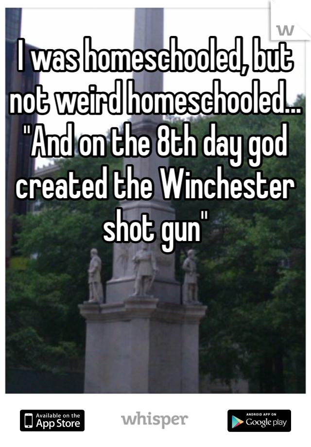 I was homeschooled, but not weird homeschooled...
"And on the 8th day god created the Winchester shot gun" 