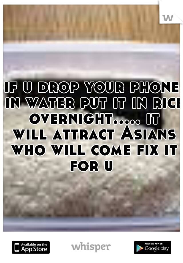 if u drop your phone in water put it in rice overnight..... it will attract Asians who will come fix it for u 