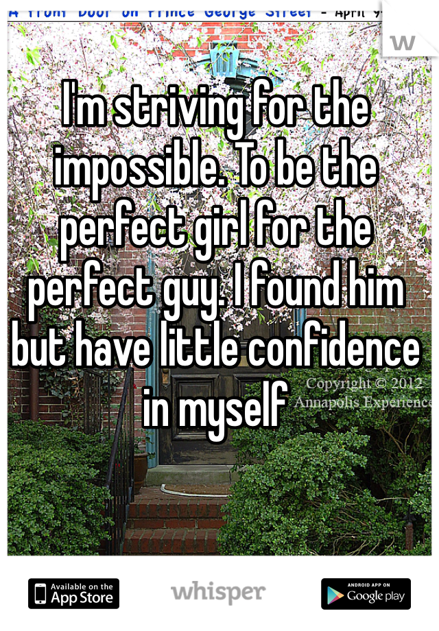 I'm striving for the impossible. To be the perfect girl for the perfect guy. I found him but have little confidence in myself