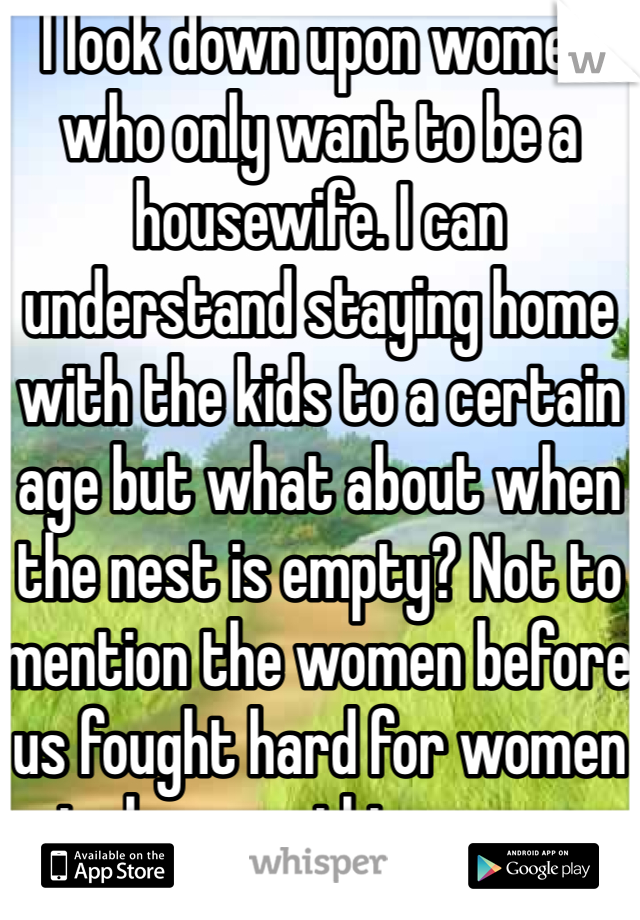 I look down upon women who only want to be a housewife. I can understand staying home with the kids to a certain age but what about when the nest is empty? Not to mention the women before us fought hard for women to be something more.