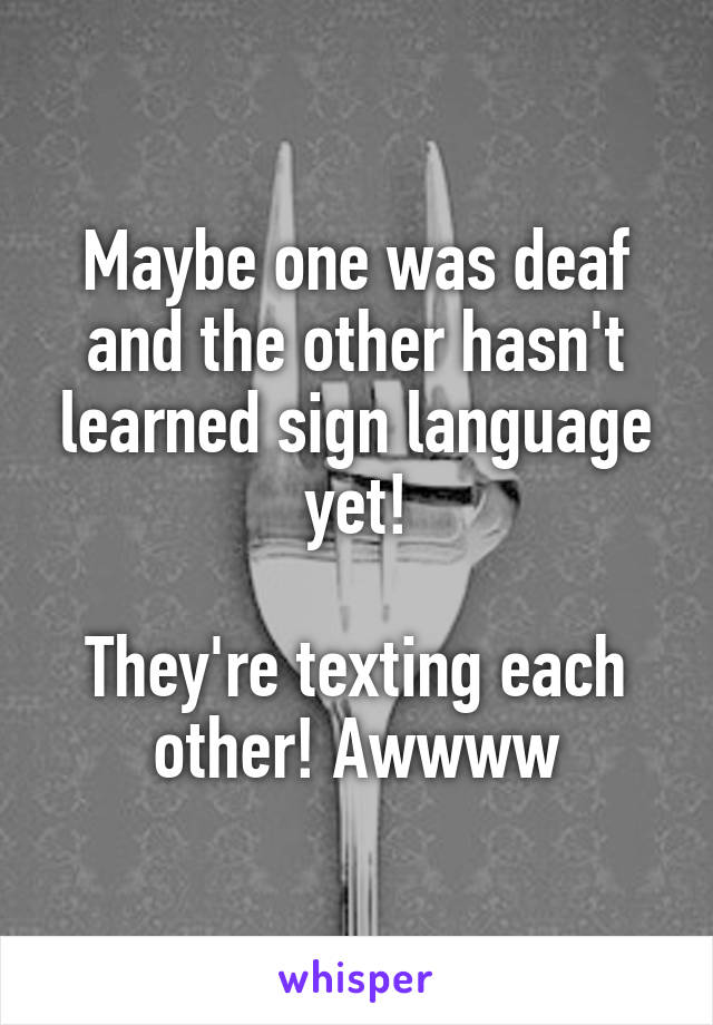 Maybe one was deaf and the other hasn't learned sign language yet!

They're texting each other! Awwww