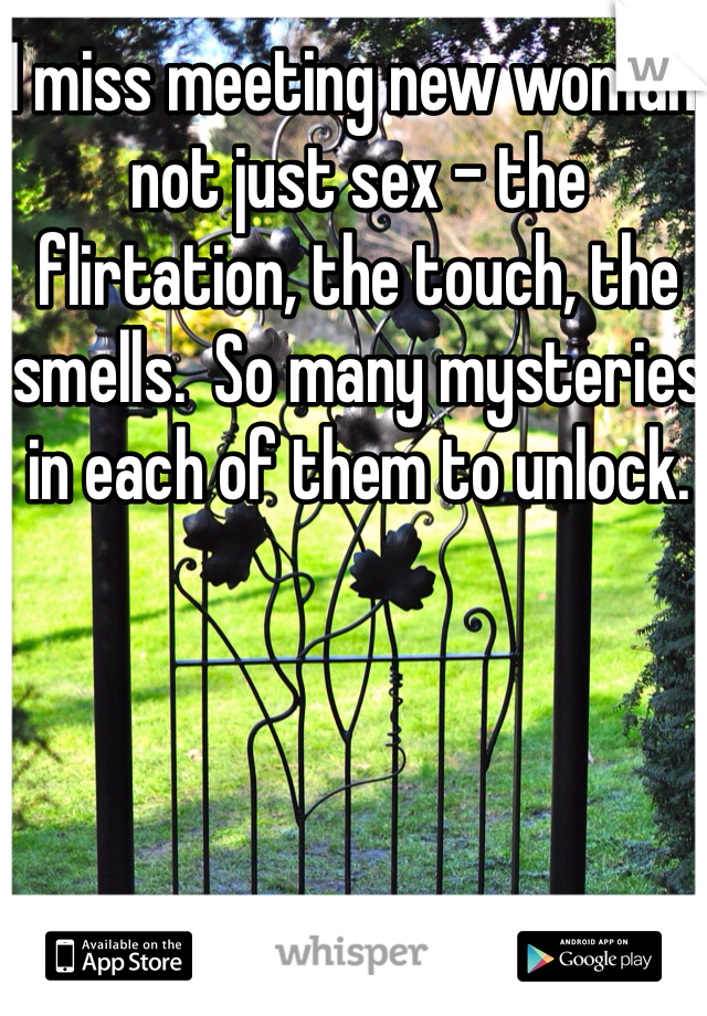I miss meeting new woman, not just sex - the flirtation, the touch, the smells.  So many mysteries in each of them to unlock.  