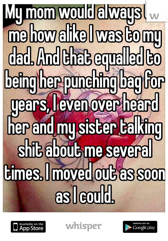 My mom would always tell me how alike I was to my dad. And that equalled to being her punching bag for years, I even over heard her and my sister talking shit about me several times. I moved out as soon as I could. 