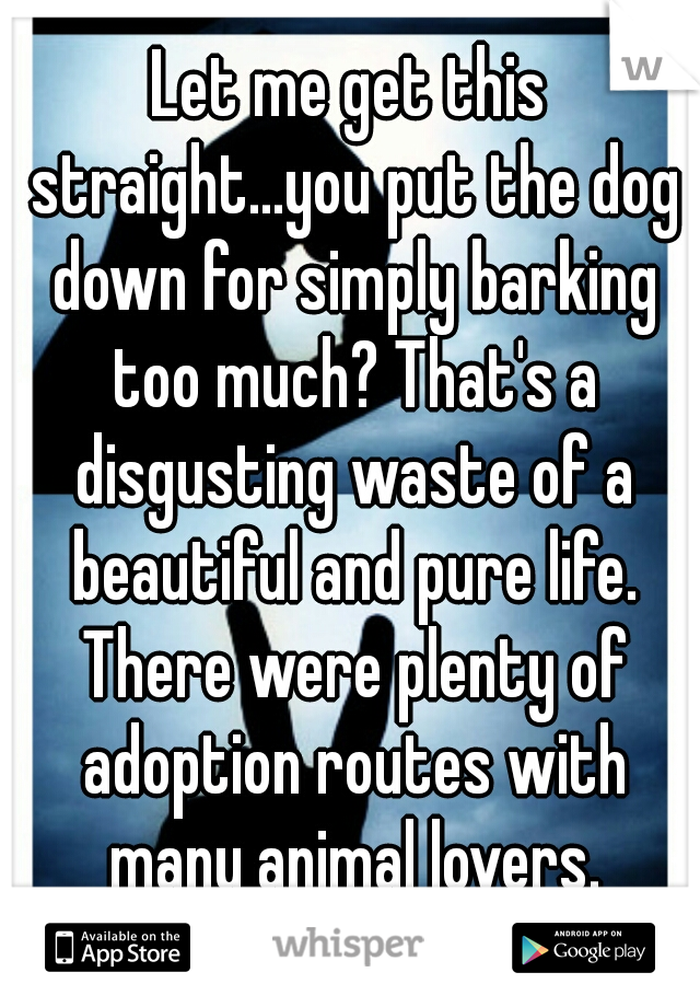 Let me get this straight...you put the dog down for simply barking too much? That's a disgusting waste of a beautiful and pure life. There were plenty of adoption routes with many animal lovers.