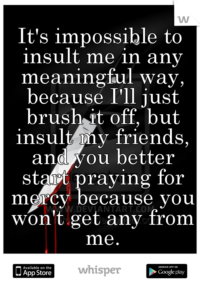 It's impossible to insult me in any meaningful way, because I'll just brush it off, but insult my friends, and you better start praying for mercy because you won't get any from me.