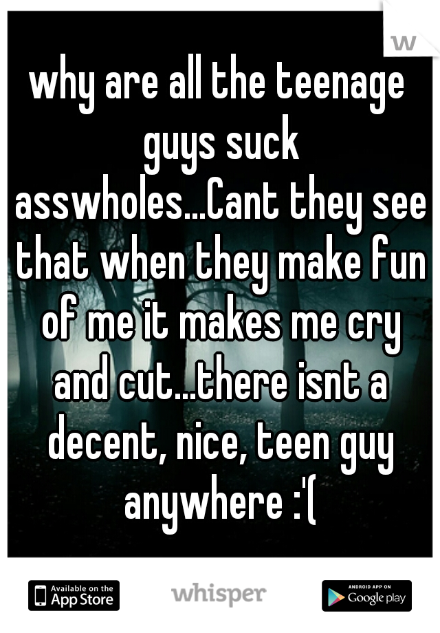 why are all the teenage guys suck asswholes...Cant they see that when they make fun of me it makes me cry and cut...there isnt a decent, nice, teen guy anywhere :'(
