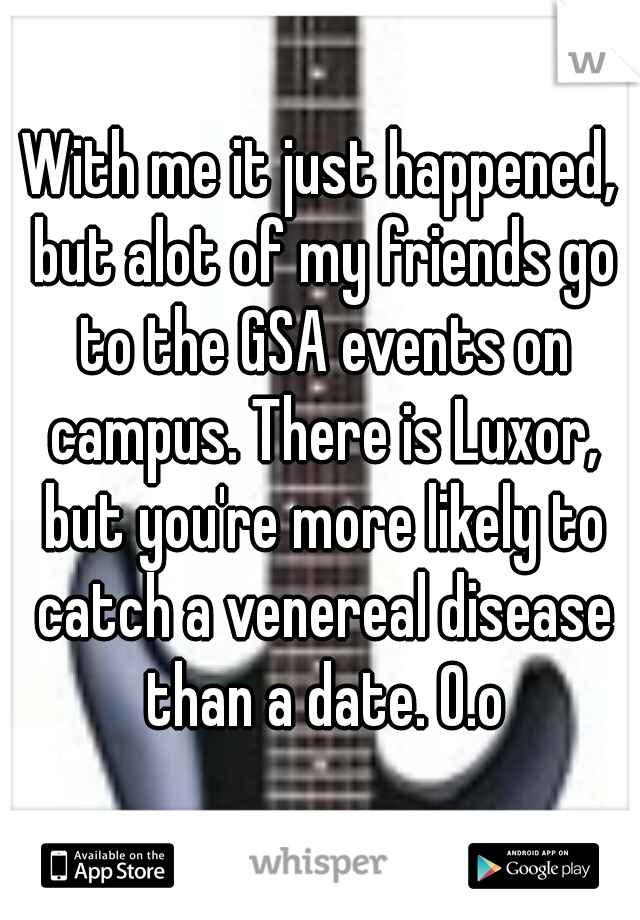 With me it just happened, but alot of my friends go to the GSA events on campus. There is Luxor, but you're more likely to catch a venereal disease than a date. O.o