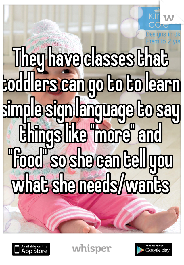 They have classes that toddlers can go to to learn simple sign language to say things like "more" and "food" so she can tell you what she needs/wants