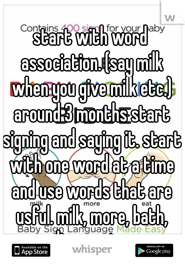 start with word association. (say milk when you give milk etc.) around 3 months start signing and saying it. start with one word at a time and use words that are usful. milk, more, bath, diaper, etc. 