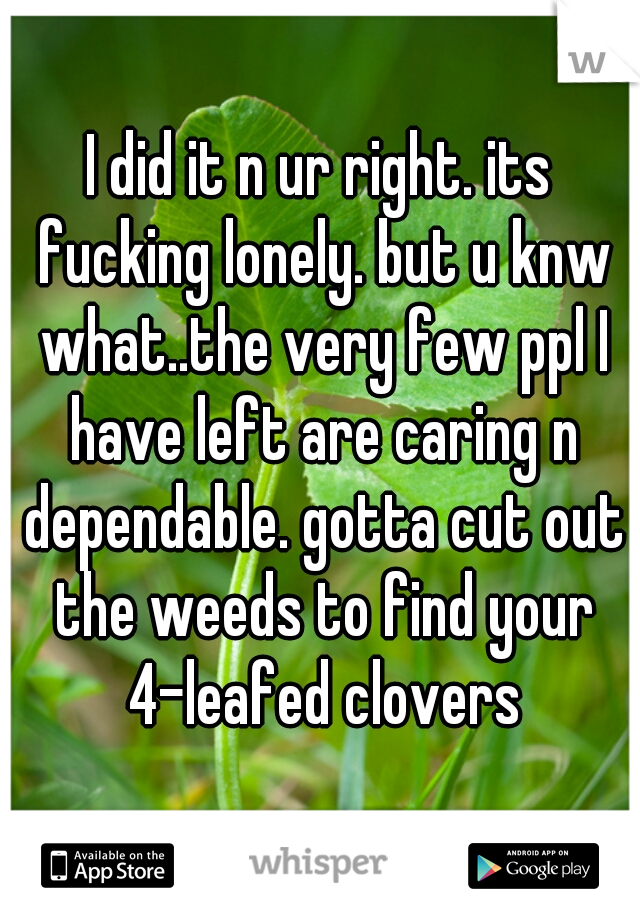 I did it n ur right. its fucking lonely. but u knw what..the very few ppl I have left are caring n dependable. gotta cut out the weeds to find your 4-leafed clovers
