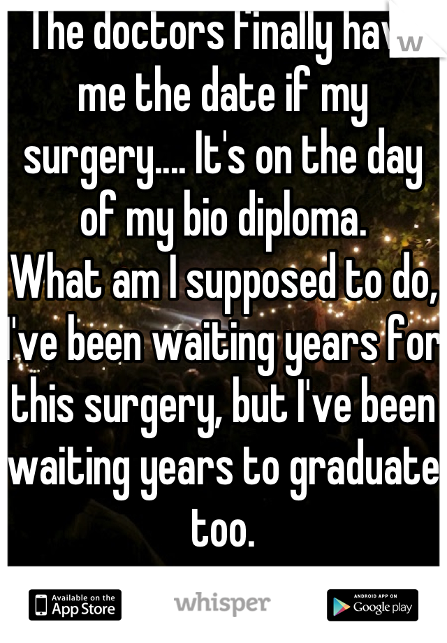 The doctors finally have me the date if my surgery.... It's on the day of my bio diploma. 
What am I supposed to do, I've been waiting years for this surgery, but I've been waiting years to graduate too.