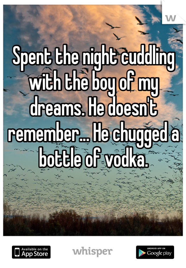 Spent the night cuddling with the boy of my dreams. He doesn't remember... He chugged a bottle of vodka.